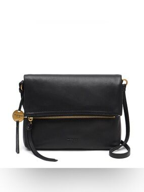 Margot The Robbie Black Leather Fold-Over Crossbody with Gold Accents